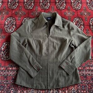 Olive Green Zip-Up Jacket Shirt Faux Suede